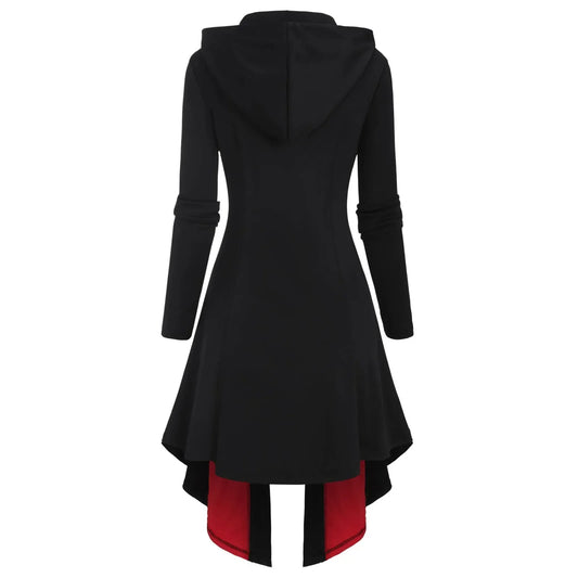 Black Red Lace-Up Hooded Zip Dress
