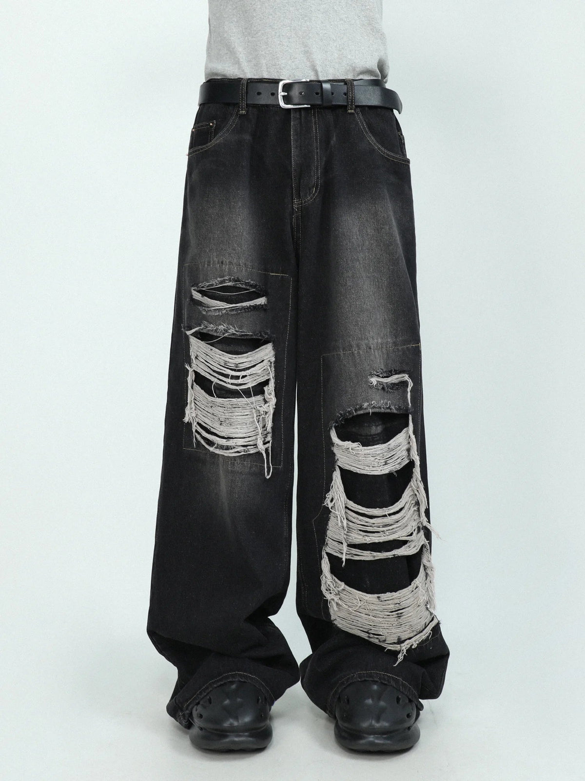 Black Blue Distressed Wide-Leg Denim Pants