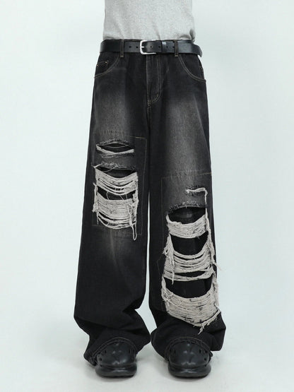 Black Blue Distressed Wide-Leg Denim Pants