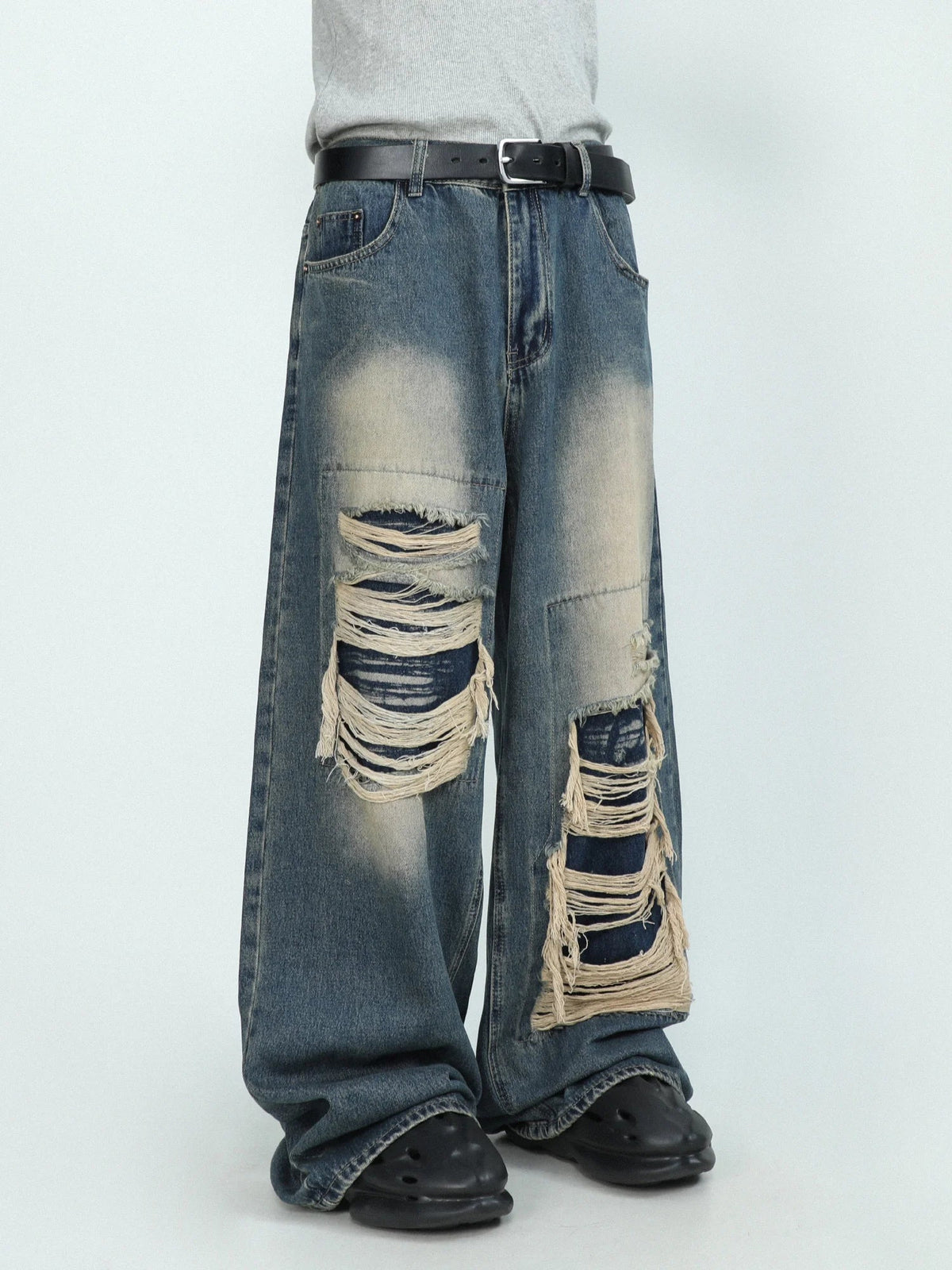 Men's Black Blue Distressed Wide-Leg Denim Pants - alternate studio view (4 of 4)