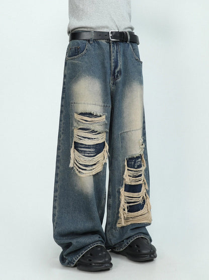 Men's Black Blue Distressed Wide-Leg Denim Pants - alternate studio view (4 of 4)