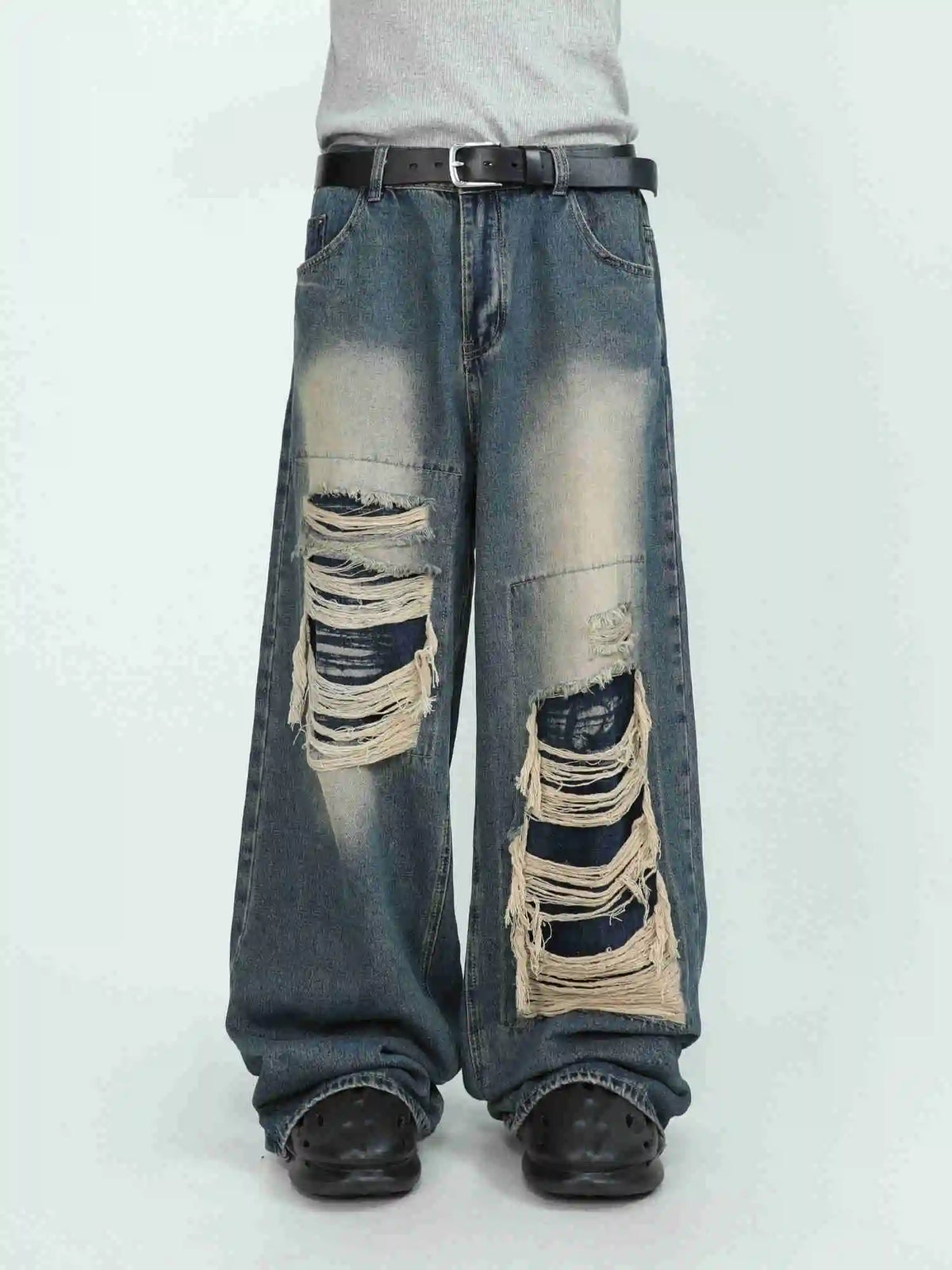 Black Blue Distressed Wide-Leg Denim Pants