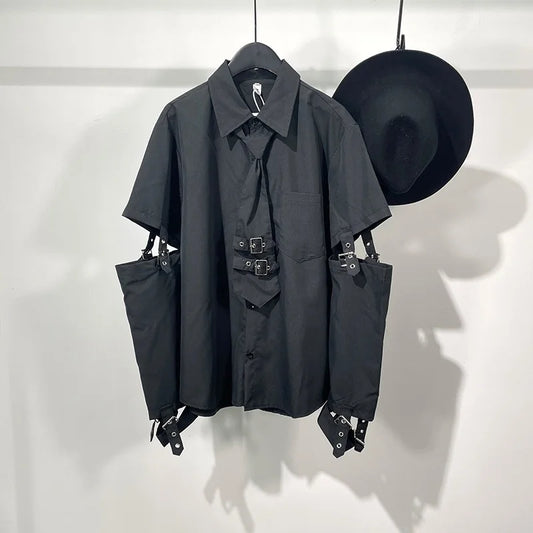 Men's Black Buckle Detachable-Sleeve Shirt - front studio view