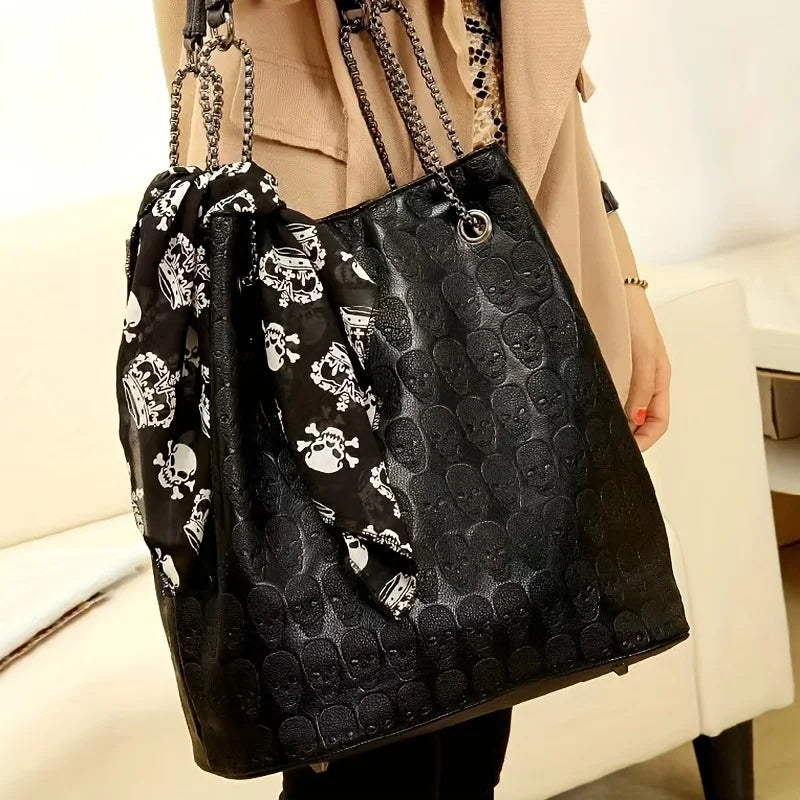 Black Skull-Embossed Chain Tote Bag