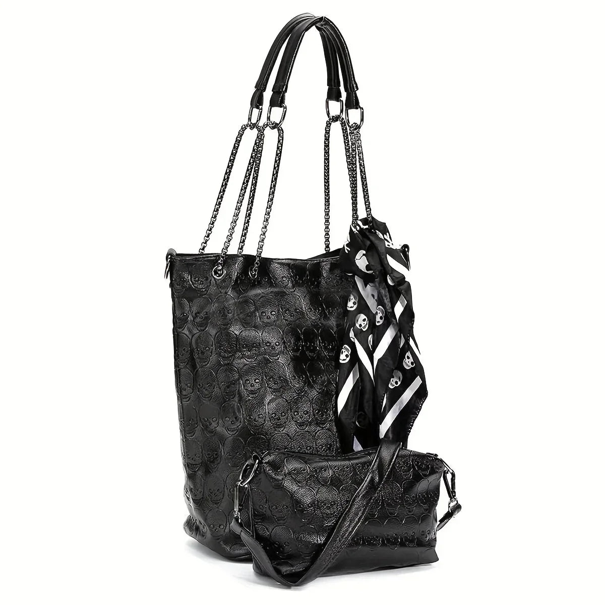 Black Skull-Embossed Chain Tote Bag