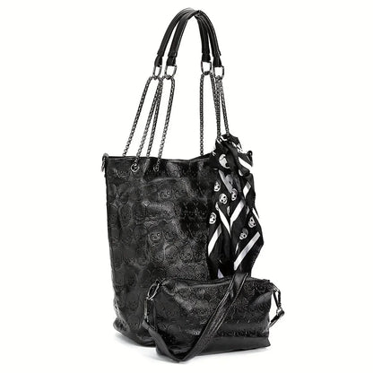 Black Skull-Embossed Chain Tote Bag
