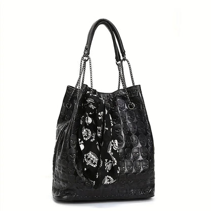 Women's Black Skull-Embossed Chain Tote - front studio view (1 of 3)