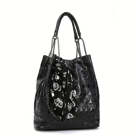 Women's Black Skull-Embossed Chain Tote - front studio view (1 of 3)
