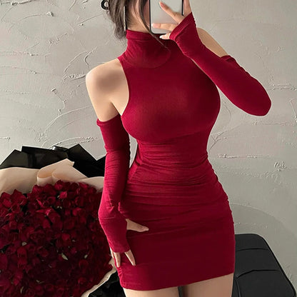 Women's Black Mock-Neck Mini Dress with Arm Warmers - alternate view, shown with a person (2 of 2)