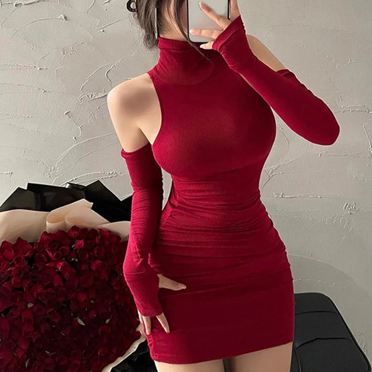 Women's Black Mock-Neck Mini Dress with Arm Warmers - alternate view, shown with a person (2 of 2)