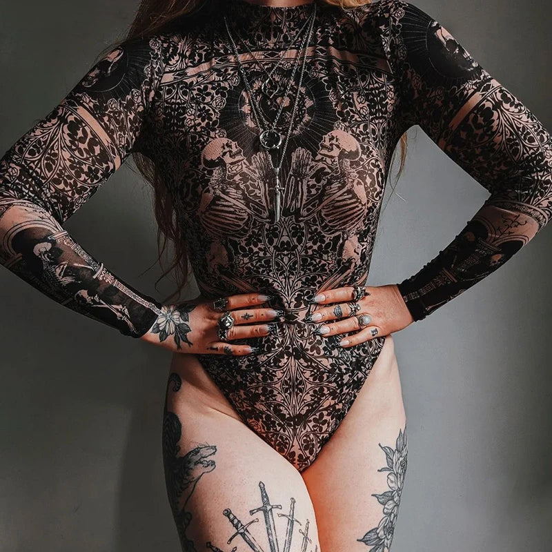 Women's Nude Skeleton Print Mock-Neck Bodysuit - primary photo, shown with a person (1 of 3)