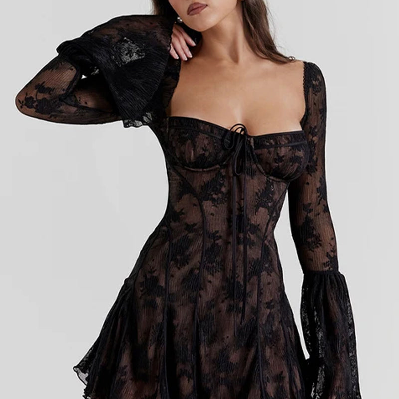 Women's Black Lace Corset Bell-Sleeve Mini Dress - alternate view, shown with a person (2 of 2)