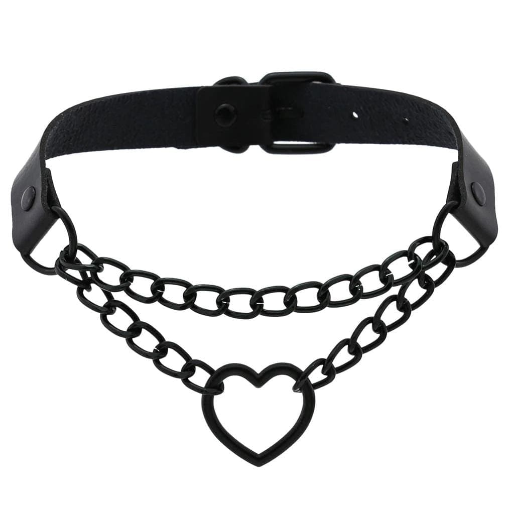 Chained Heart Gothic Leather Choker - Creepy Goth