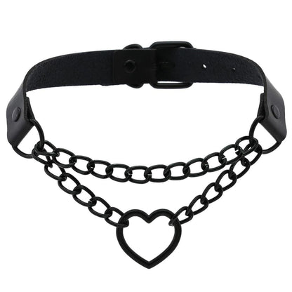 Chained Heart Gothic Leather Choker - Creepy Goth