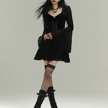 Black Velvet Floral-Lace Mini Corset