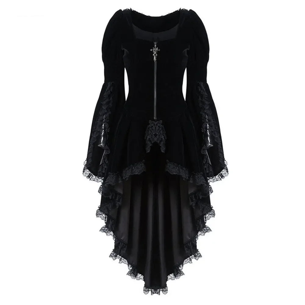 Women's Black Velvet High-Low Bell-Sleeve Dress - front studio view (1 of 2)
