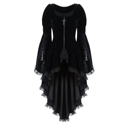 Women's Black Velvet High-Low Bell-Sleeve Dress - front studio view (1 of 2)