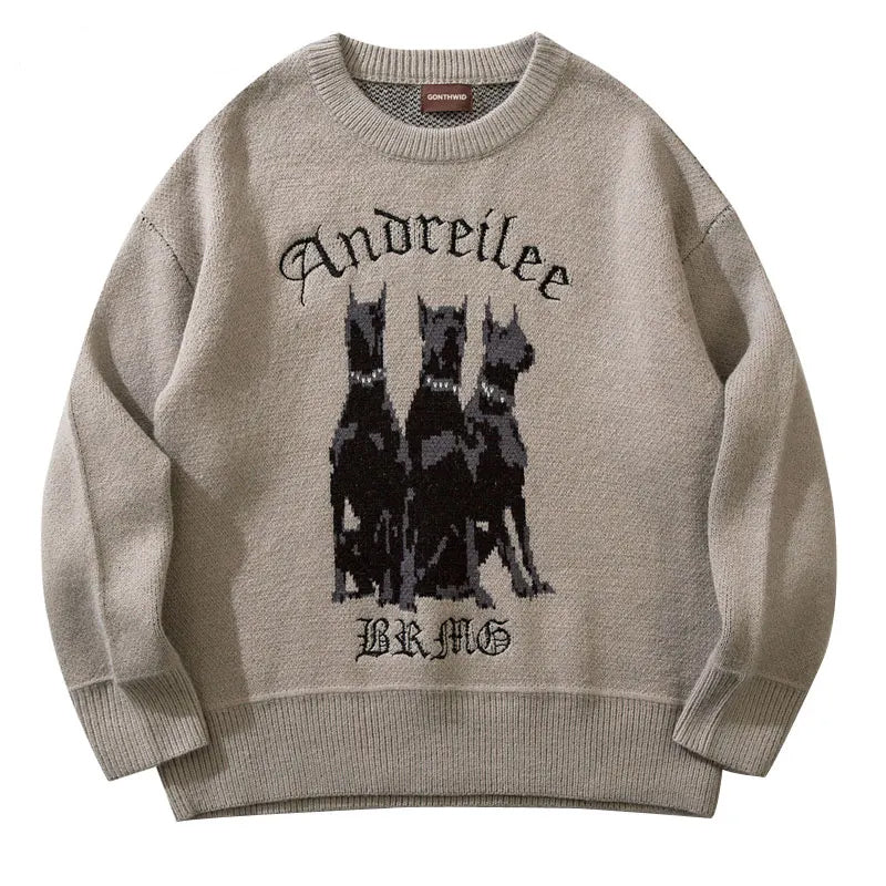 Men's Gray White Doberman Graphic Sweater - primary photo, shown with a person (1 of 4)