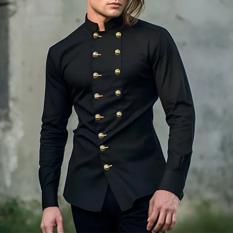Black Gold-Button Mandarin Collar Shirt