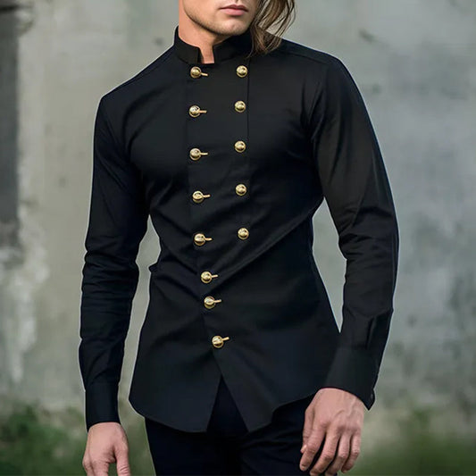 Black Gold-Button Mandarin Collar Shirt