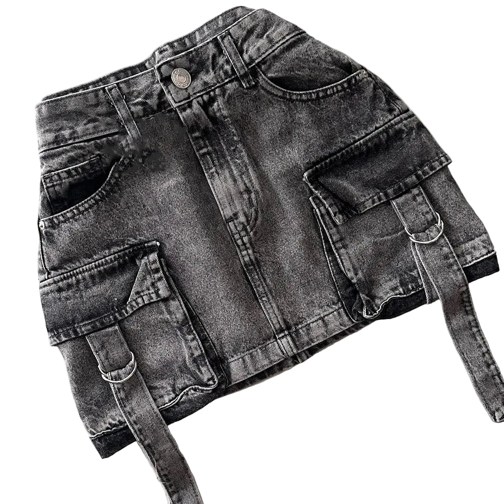 Women's Black Cargo Denim Mini Skirt - front studio view