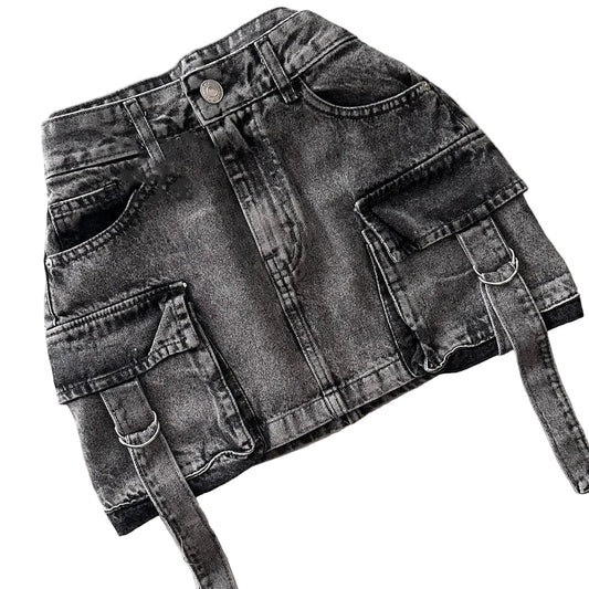 Women's Black Cargo Denim Mini Skirt - front studio view