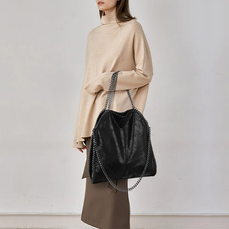 Black Faux Suede Chain Fold-Over Bag