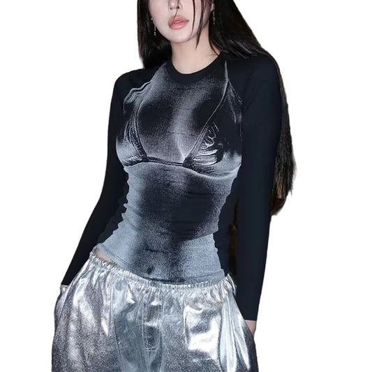 Women's Black Metallic Panel Bodycon Top - primary photo, shown with a person