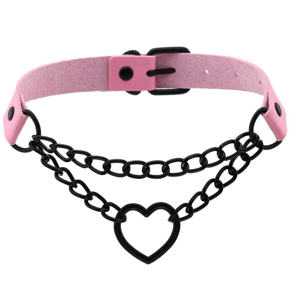 Chained Heart Gothic Leather Choker - Creepy Goth