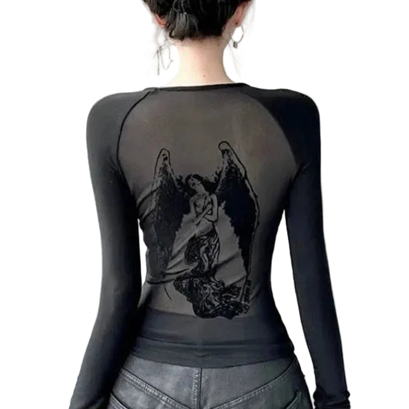 Women's Black Mesh Angel-Graphic Back Top - primary lifestyle photo (1 of 2)