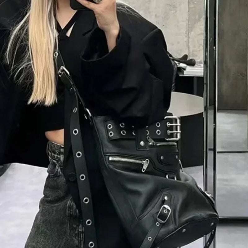 Black Eyelet Biker Crossbody Bag