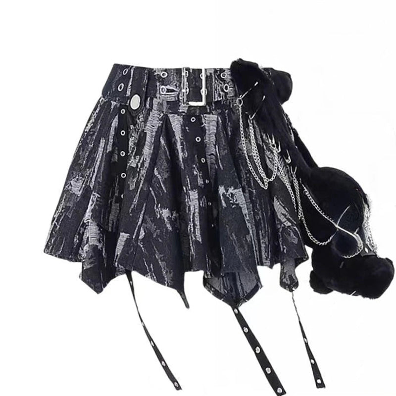 Women's Distressed Chain Asymmetric Mini Skirt - front studio view