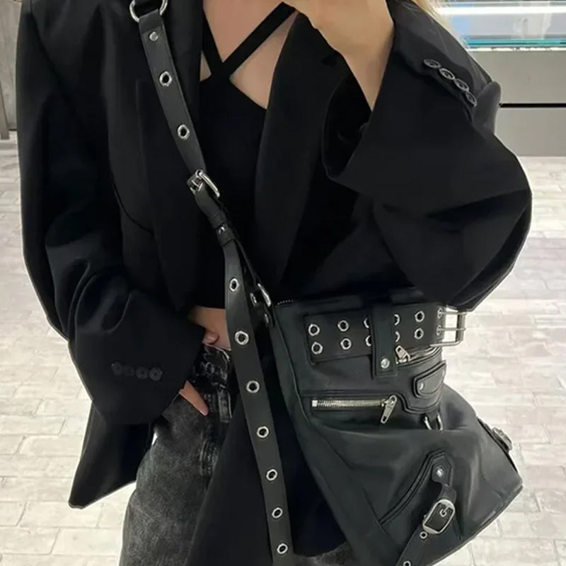 Black Eyelet Biker Crossbody Bag