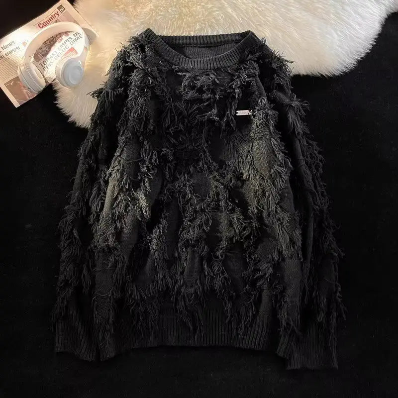 Men's Black Distressed Fringe Knit Pullover - primary product photo