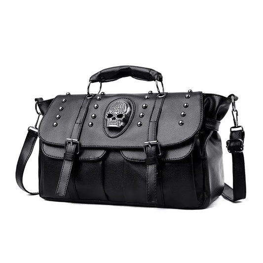 Women's Black Crystal Skull Flap Handbag - front studio view (1 of 2)