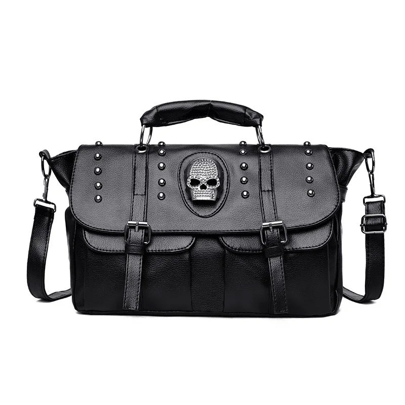 Black Crystal Skull Flap Hand Bag