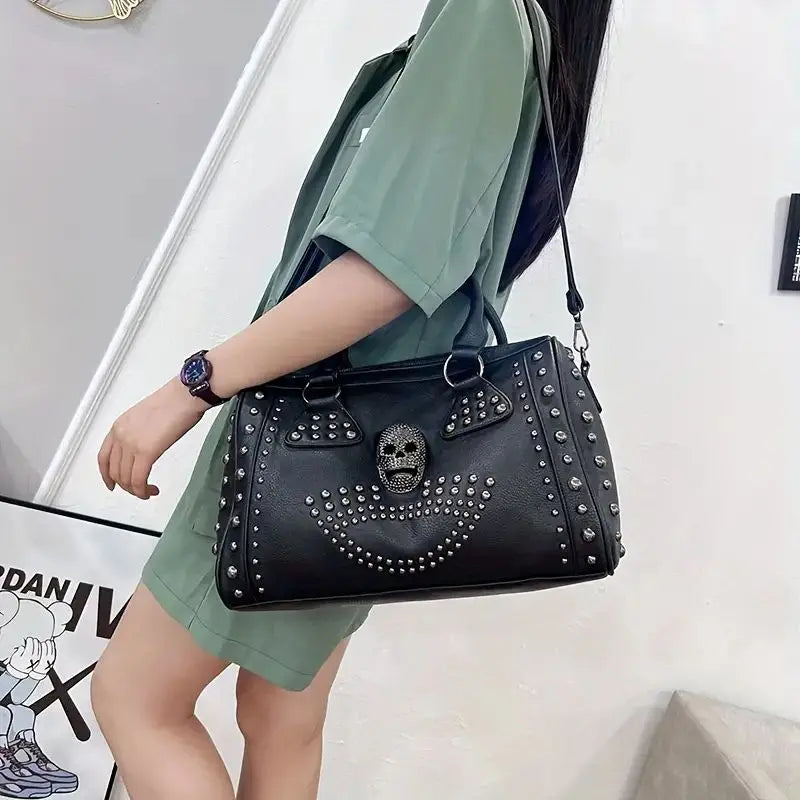 Women's Black Rhinestone Skull Studded Satchel - primary photo, shown with a person (1 of 4)