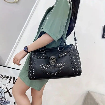 Women's Black Rhinestone Skull Studded Satchel - primary photo, shown with a person (1 of 4)