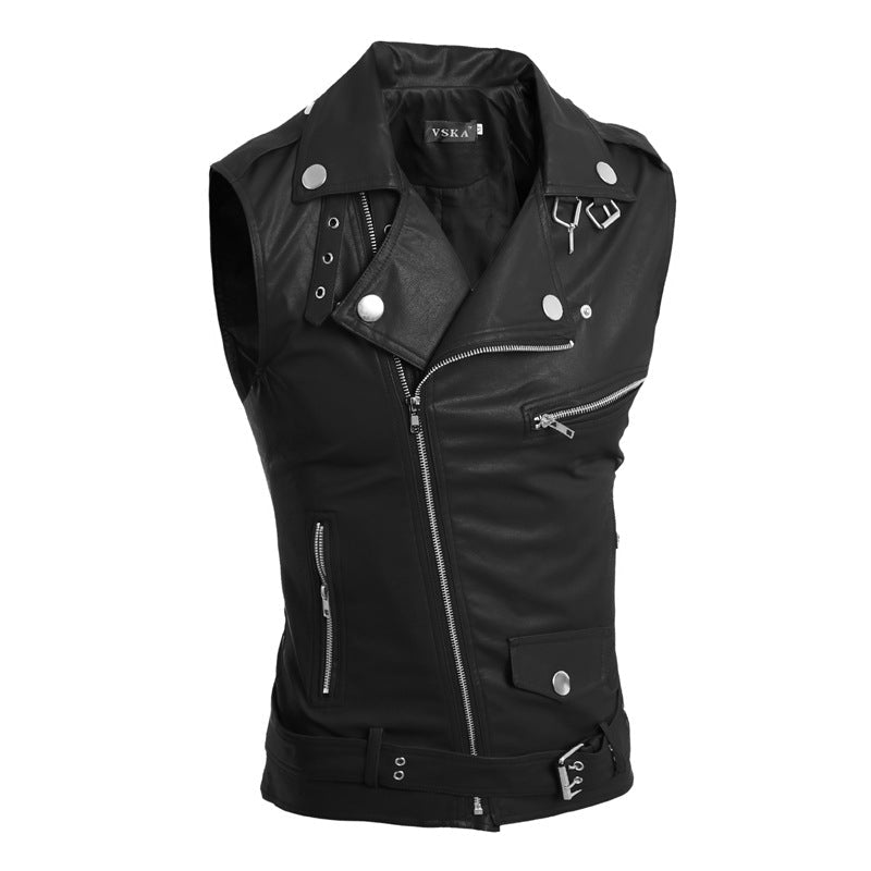Men's Black Red Faux Leather Biker Vest - front studio view (1 of 3)