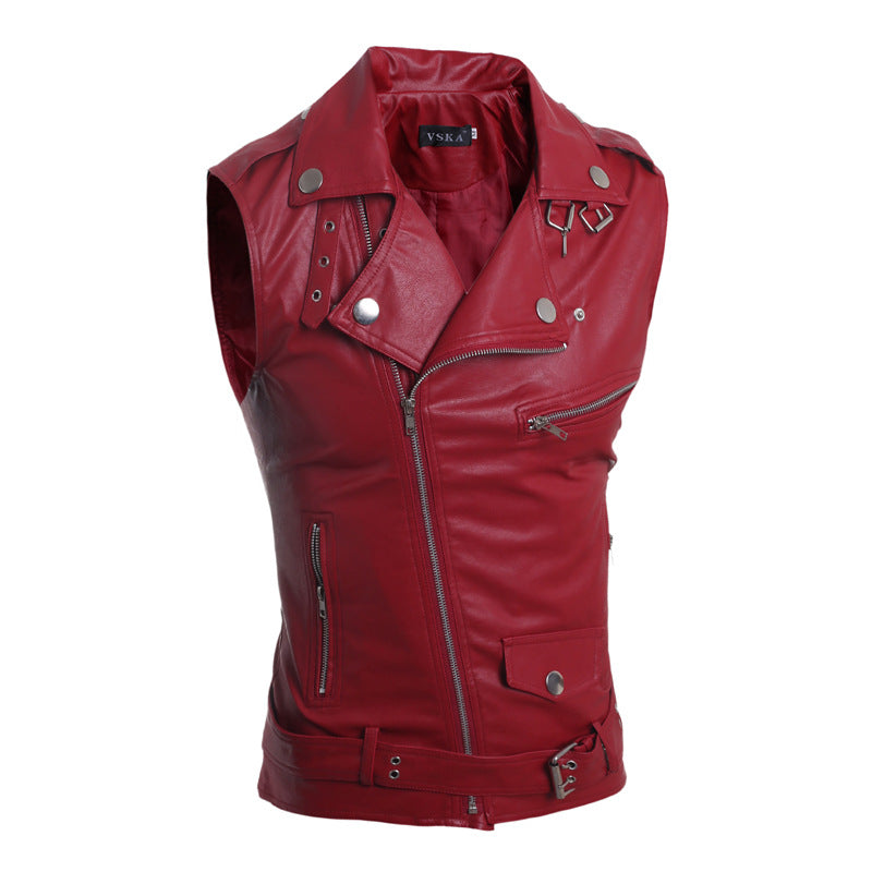 Men's Black Red Faux Leather Biker Vest - alternate view, shown with a person (2 of 3)
