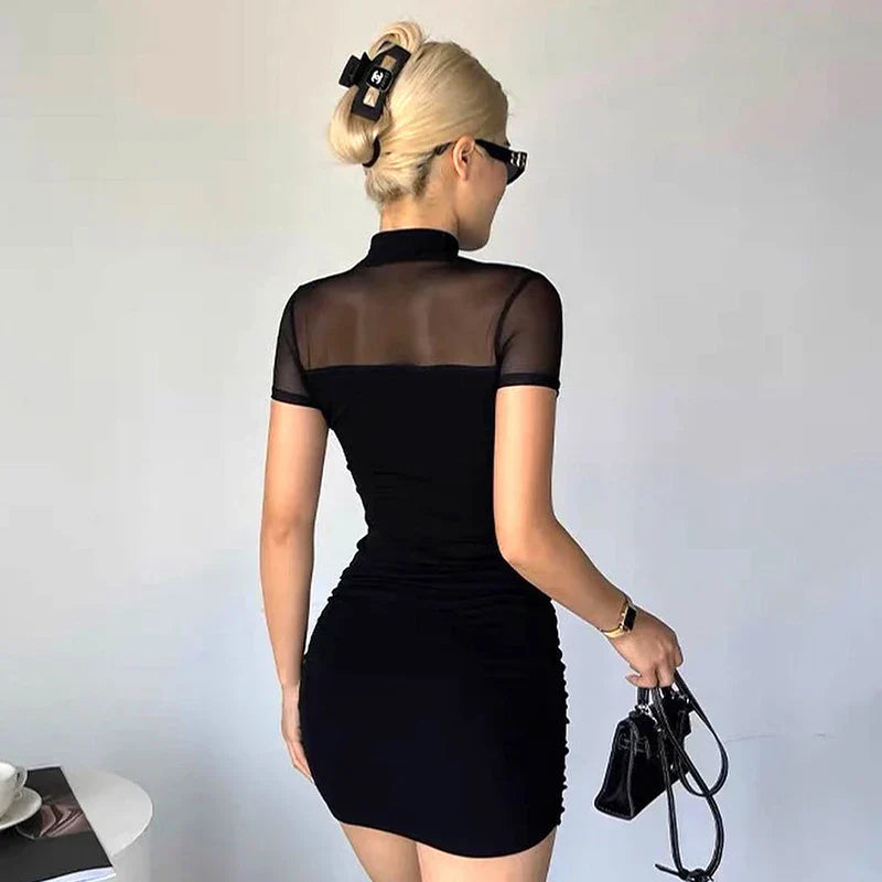 Black Mesh Mock-Neck Ruched Mini Dress
