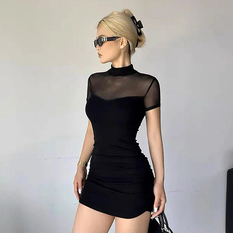 Black Mesh Mock-Neck Ruched Mini Dress