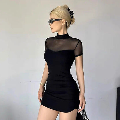 Black Mesh Mock-Neck Ruched Mini Dress