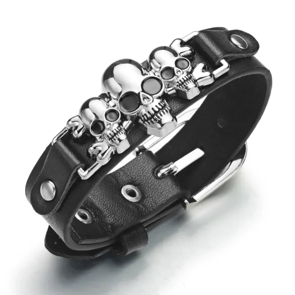 Unisex Black Leather Triple Skull Cuff Bracelet