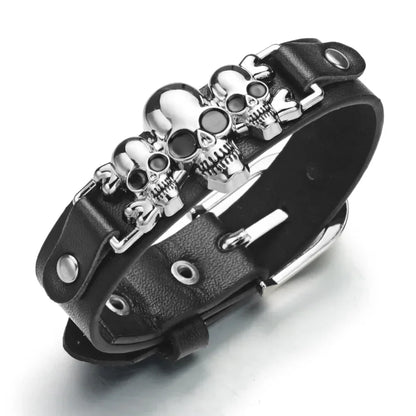 Unisex Black Leather Triple Skull Cuff Bracelet