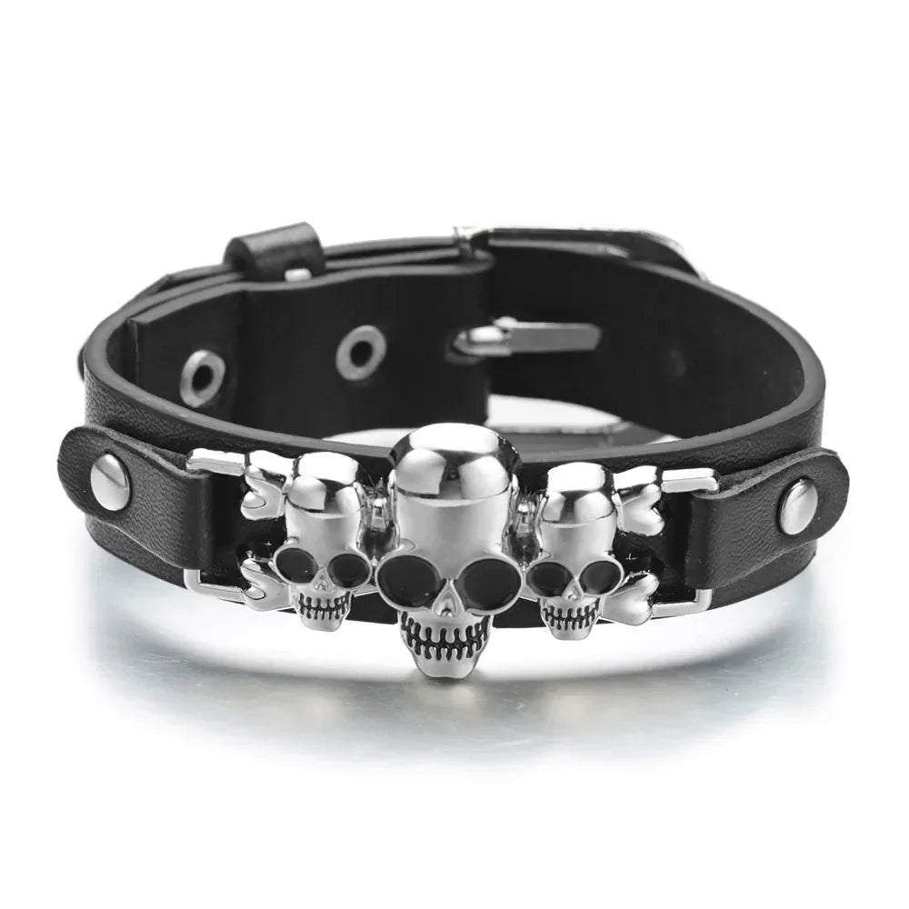 Unisex Black Leather Triple Skull Cuff Bracelet