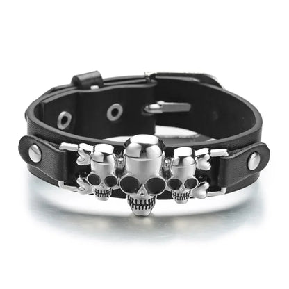 Unisex Black Leather Triple Skull Cuff Bracelet