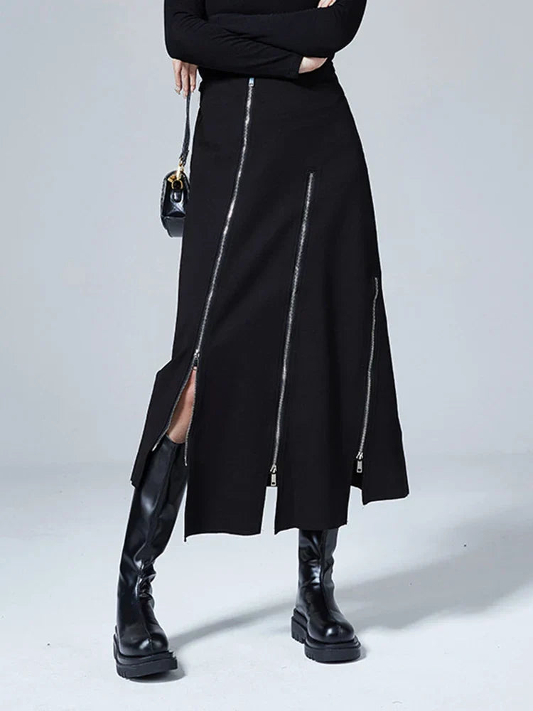 Black Triple-Zip Split Midi Skirt
