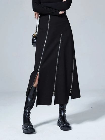 Black Triple-Zip Split Midi Skirt