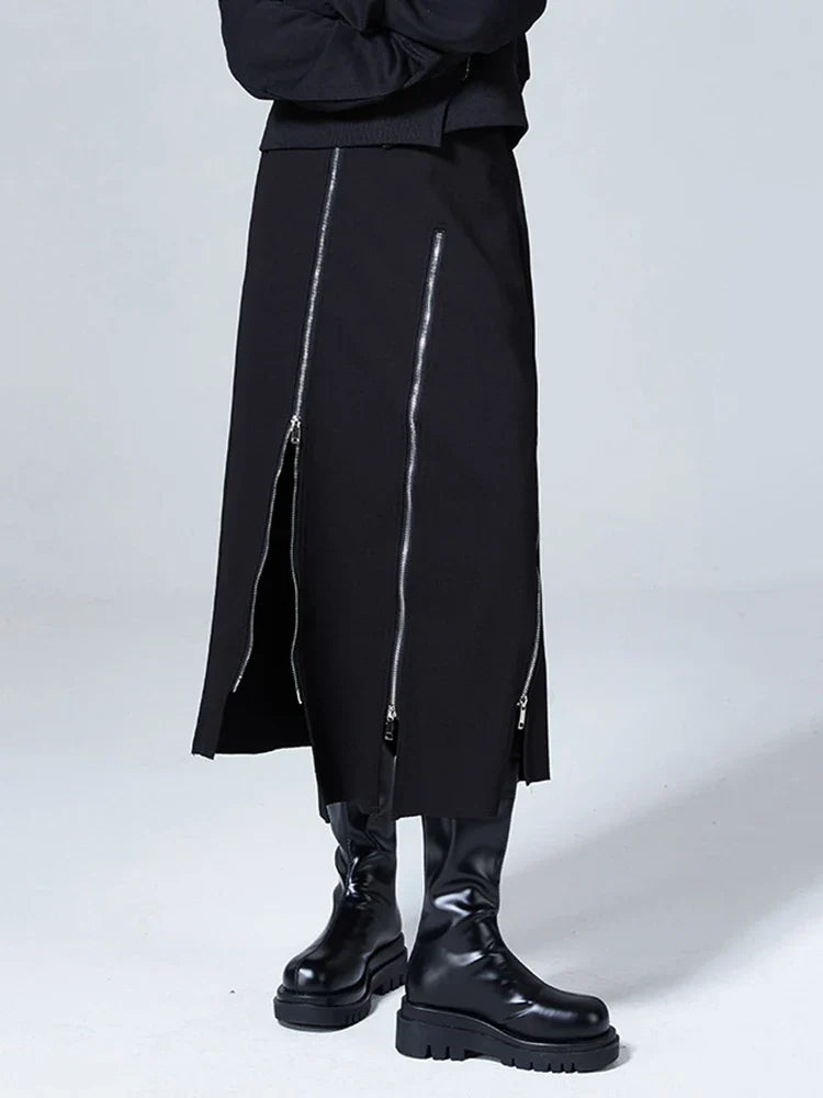 Black Triple-Zip Split Midi Skirt